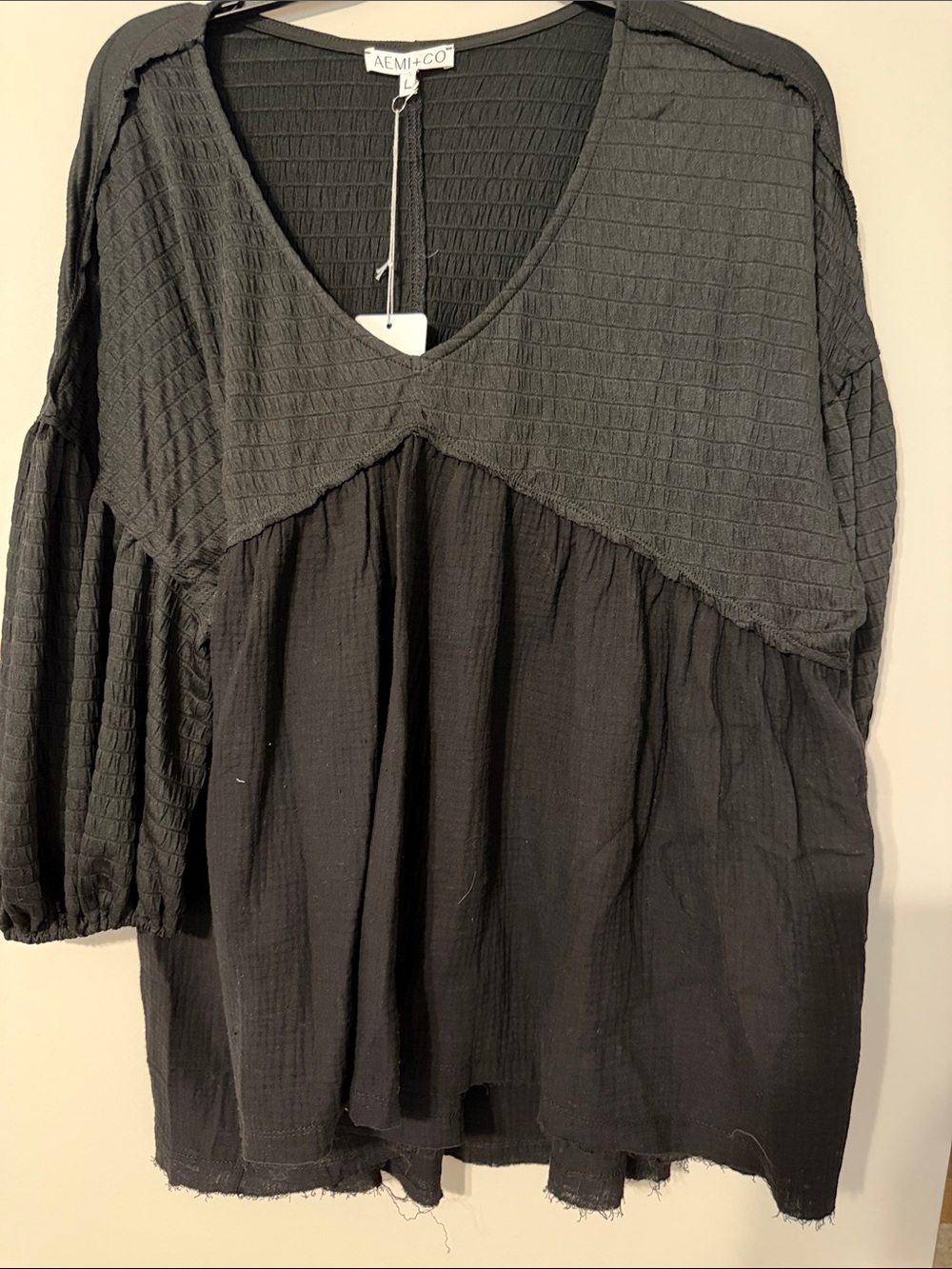 AEMI+CO Black Textured V-Neck Layered Tunic